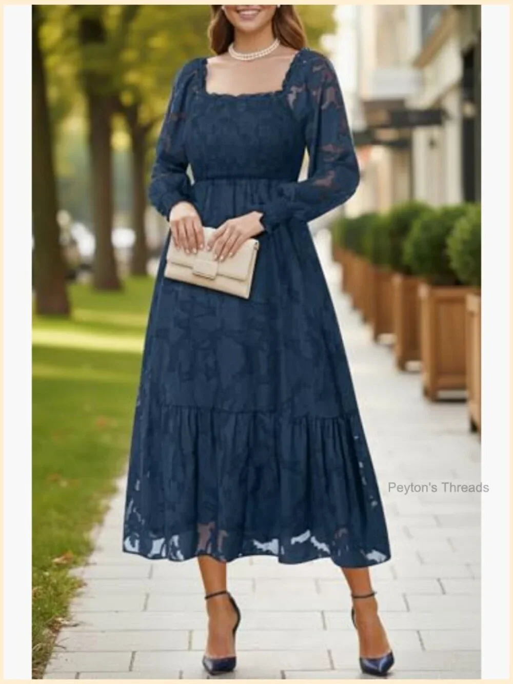 Plus Size Floral Lace A-Line Midi Dress Long Sleeve Fall Wedding Guest